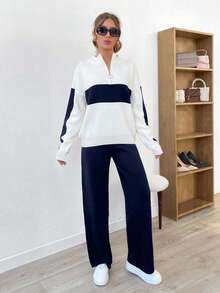 EURMUSE Women Half Zip Black Stripes Detailed Sweater And Sweater Pant 2 Pieces Set Co-Ords - Navy Blue - View 4