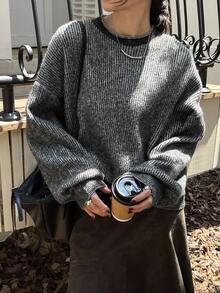 DAZY Áo len chui đầu kẻ sọc nhiều màu dáng rộng thoải mái cho nữ, phù hợp mặc công sở mùa thu đông - màu đen - Xem 2