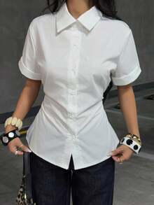 Muchica Women Casual Solid Color Short Sleeve Blouse - White - View 5