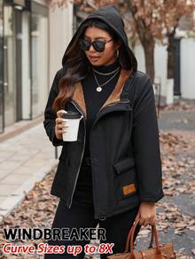 SHEIN CURVE+ 大码女式休闲拉链连帽外套，带口袋，保暖内衬，黑色 - 黑色 - 查看 7