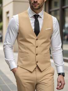 Manfinity Mode Men's Single-Breasted Business Casual Vest (Shirt And Tie Not Included) For Men Dress Shirt With Vest Fashion & Classy For Men, Old Money Style Khaki