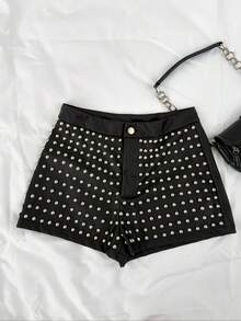 SHEIN LUNE 女式复古朋克街头皮革铆钉短裤