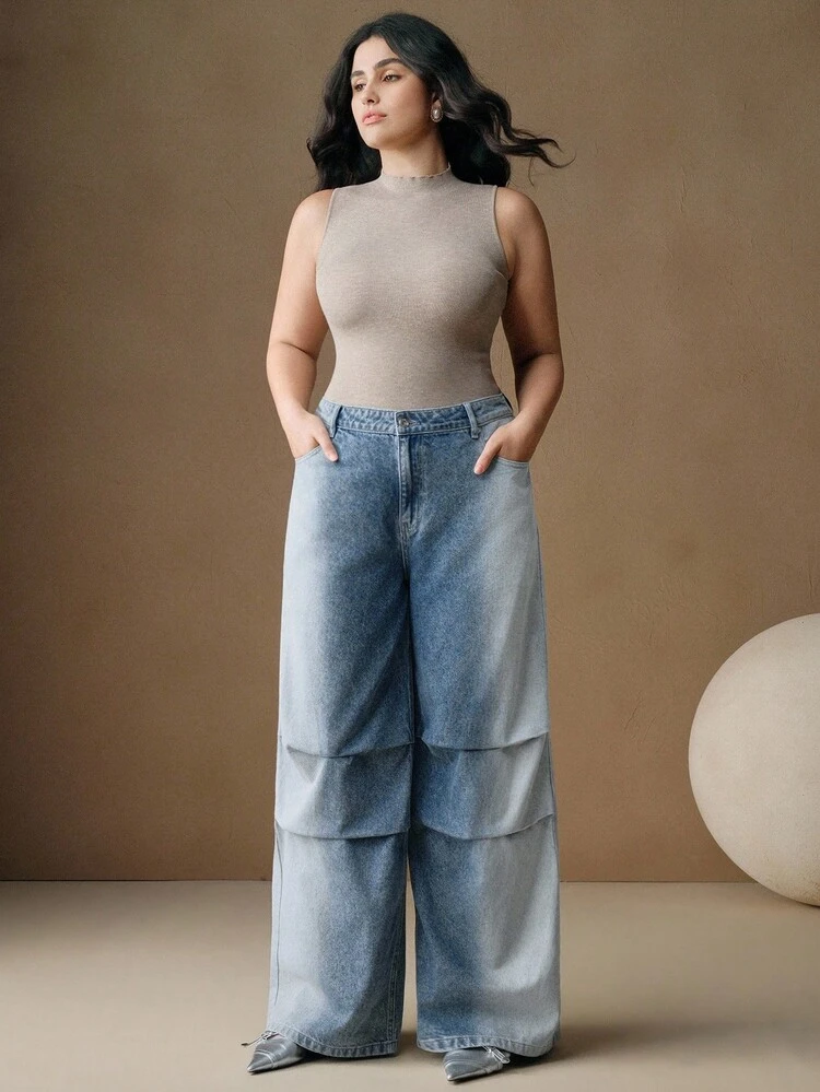 Plus Size Casual Washed Gradient Wide Leg Jeans
