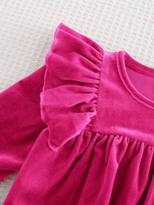 Baby Girl Fuchsia Pink Knit Soft Round Neck Ruffle Hem Waist Cinched Long Sleeve Dress,Cute Newborn Birthday Autumn Clothing,Cozy Pixies Flounce Dress - Hot Pink - View 5