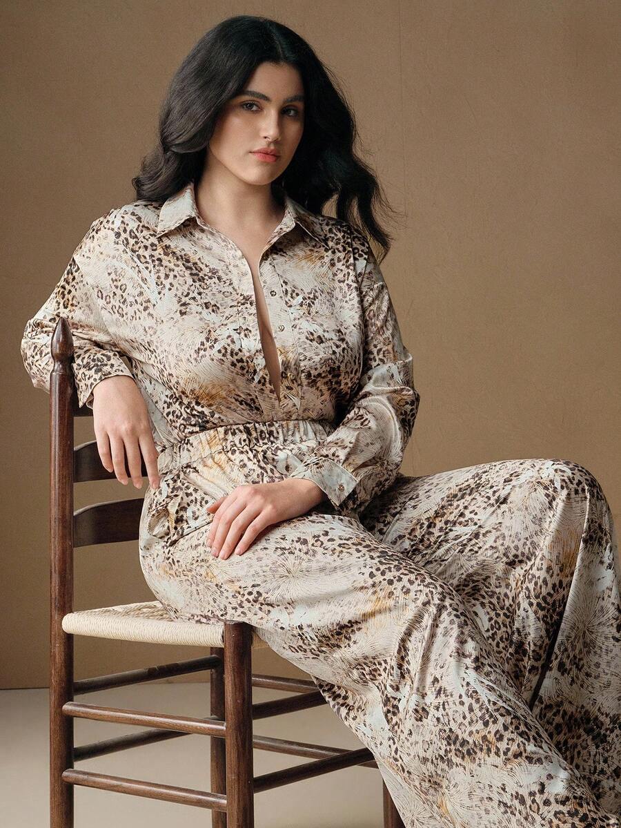 Anewsta Camisa de mujer talla grande cómoda con botones metálicos vintage y estampado de leopardo, otoño/invierno