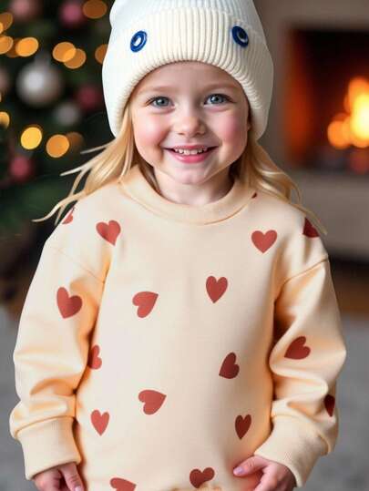 SHEIN Elladie kids 年轻女孩可爱舒适的彩色心形印花针织长袖运动衫，休闲秋季