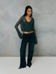 SHEIN Unity Dark Green,Autumn,Chic,Everyday Women's Open-Knit Cropped Cardigan,Vintage Relaxed Fit Button-Up Lightweight Topper,Modern Classic Knitwear For Women - Grey - View 4