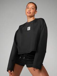 MISSGUIDED Áo nỉ logo dáng croptop thiết kế tối giản tay dài chui đầu cổ tròn thu đông thường ngày dạo phố cơ bản - màu đen - Xem 6