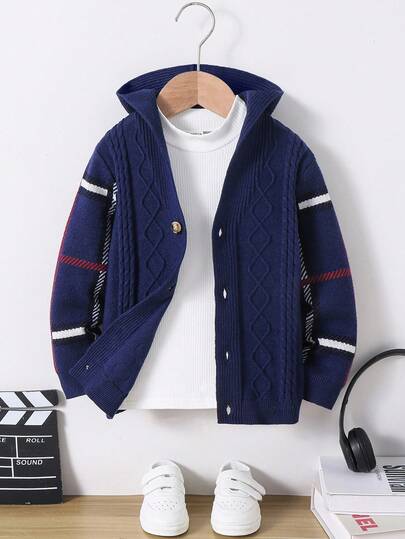 1pc Young Boys' Casual College Style Comfortable & Fashionable Minimalist Practical Versatile Soft Hooded Cardigan, Suitable For Daily Wear, School, Outings, Sports, Autumn/Winter