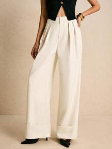 Poéselle Women's White High Waist Pleated Wide Leg Loose Casual Pants,Women's Loose-Fit Dress Pants,Legant Women's Pants,Simple And Chic Suitable For Daily Wear, Going Out,Commuting,Fall/Winter - Apricot - View 4