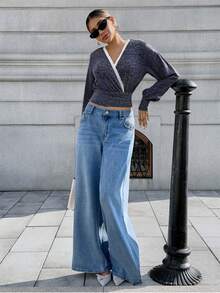 Pariaura Sexy Grey Wrap Top: Long Sleeve Crop Top With White Lace Trim, Cross V-Neck Slim-Fit Knit Blouse For Date & Casual French Vintage Grey Cross Top: Long Sleeve Cropped Blouse With Lace Detail, Deep V-Neck Elegant Knit Top For Office & Daily Sweet Girl Grey Wrap Knit Top: Long Sleeve Crop Top With White Lace Trim, Cross V-Neck Versatile Casual Top For Multi-Occasions - Dark Grey - View 5
