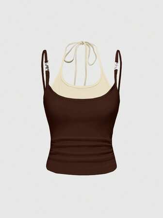 Canotta sexy Y2K con pendente metallico 2 in 1 con spalline sottili