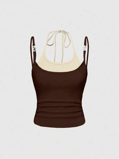 توب كامي بحمالات رفيعة معدني جذاب 2 في 1 من طراز Y2K