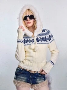 ROMWE Avant American Vintage College Style Sweet & Spicy Fuzzy Knit Atmosphere Beige Fitted Short Zip-Up Hooded Long Sleeve Cardigan Sweater For Women, Autumn/Winter