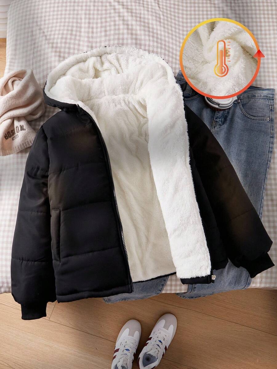 SHEIN Kurtka zimowa dla nastolatek, czarna, z długim rękawem, kapturem i suwakiem z przodu, ściągaczami przy mankietach, termiczna podszewka, uniwersalna, odpowiednia na jesień/zimę, wyjścia, zakupy, wakacje, dojazdy do pracy, można łączyć z bluzkami, bluzami z kapturem, dżinsami, spodniami dresowymi