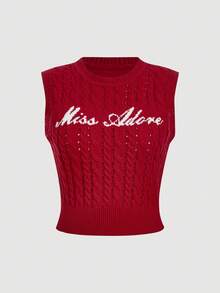 SHEIN MOD Blusa sin mangas de punto con estampado de letras, talla grande, otoño - Rojo - Ver 1