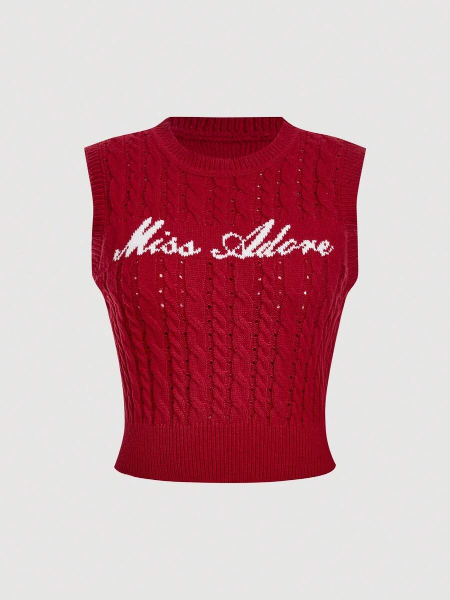 SHEIN MOD Blusa sin mangas de punto con estampado de letras, talla grande, otoño - Rojo - Ver 1