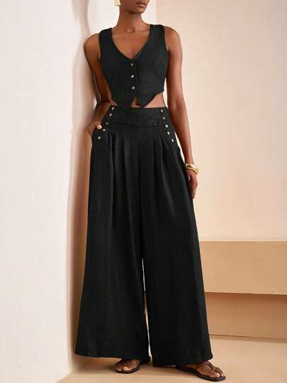 Zivah 2025夏季新款音乐节复活节母亲节婚礼生日派对日常出游基础百搭休闲度假邮轮旅行沙滩海边日光浴网红爆款街头风优雅通勤商务休闲V领无袖修身开衫女背心宽松阔腿裤纽扣口袋百褶女两件套