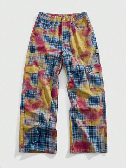 Grunge Punk بنطلون جينز رجالي فضفاض بجيوب كارجو وساق واسعة