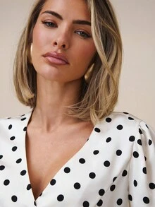 COSMINA 女士休闲/办公室通勤波尔卡圆点印花V领泡泡袖衬衫，夏季 - 彩色 - 查看 7