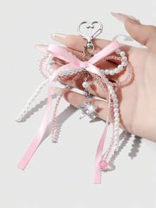 ROMWE Kawaii 1件优雅休闲手工串珠白色仿珍珠水晶粉色丝带蝴蝶结蝴蝶翅膀心形吊坠钥匙扣，适合女性日常佩戴或作为情人节礼物 - 粉色-17 - 查看 11