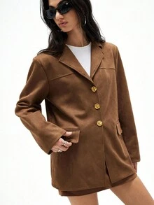 GENKIRA Brown Suede Retro High-End Lapel Asymmetric Button Versatile Women Blazer Jacket - Coffee Brown - View 5