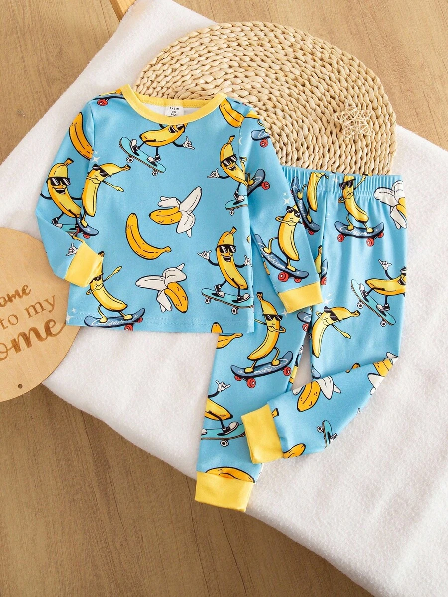 2pcs Baby Boy Knit Crew Neck Long Sleeve Top And Pants Set, Banana Sunglasses Skateboard Graphic Print, Tight Fit Casual Outfit - Multicolor - View 1