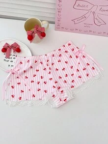 PetitDoll PetitDoll 1pc Girl's Sweet Cherry Striped Bow Accent Open Crotch Panty
