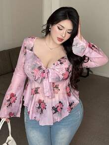 Vionelle 大码女式花卉印花系带修身休闲长袖T恤