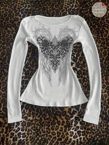 Glimmora 女式复古图案印花宽松长袖白色 T 恤，哥特式美学街头摇滚风格上衣 - 白色 - 查看 1