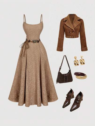 SHEIN MOD Women's Light Brown Extra Long Dress With Belt,Autumn/Winter, Women's Clothes,Thanksgiving,Jacquard Lace,Western Wear Women,Western Outfit,Boho Chic,Brown,Casual Dress For Women,Beige Jacquard Cotton Midi Dress, Spaghetti Straps, Sleeveless, Fit And Flare, Vintage Inspired, Bohemian, Belted Waist, Floral Pattern, Soft Fabric, Elegant, Flowy Skirt, Lightweight, Retro, Summer, Comfortable, Feminine, Romantic, Classic Style, Sweetheart Neckline, Casual, A-Line