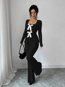 Elenzga 女士优雅云朵绒罗纹蝴蝶结领长袖收腰上衣和喇叭裤两件套 - 黑色 - 查看 4