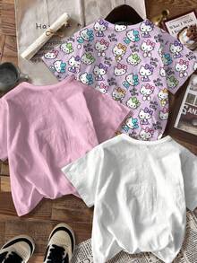 SHEIN Hello Kitty and Friends | Modeflare Wear 3pcs/Set Young Girls' Casual Basic Round Neck Short Sleeve T-Shirts, Suitable For Spring/Summer, Family Activities, Parties, Gatherings