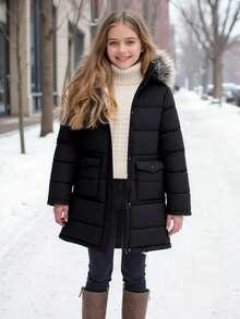 SHEIN Manteau long matelassé à capuche et fermeture éclair pour filles préadolescentes, avec poches, polyvalent pour les sorties, automne/hiver - Noir - Voir 8