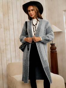 LanaWest Striped Pattern Casual Versatile Long Sleeve Knit Cardigan - Light Grey - View 5