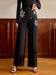 Vintamour Vintage Elegant Party Women's Pants With Pockets Beaded Embroidery Casual Wear Work Travel Holiday High Waist Pants Palazzo Pants Women Elegant Pants For Women Sequin Pants Black Palazzo Pants Fall For Women Winter Christmas Autumn For Women Christmas For Women Thanksgiving For Women Party - Black - View 3