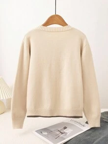 Genkimix Kids 8-12岁女童开衫毛衣，田园风格，杏色，精致针织花卉图案，撞色袖口和下摆细节，适合春秋冬，优雅清新，适合上学、逛书店或参加文化活动