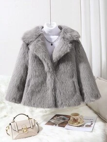 Elladie kids Tween Girl Grey Fuzzy Collar Jacket, Autumn/Winter Fall - Grey - View 1