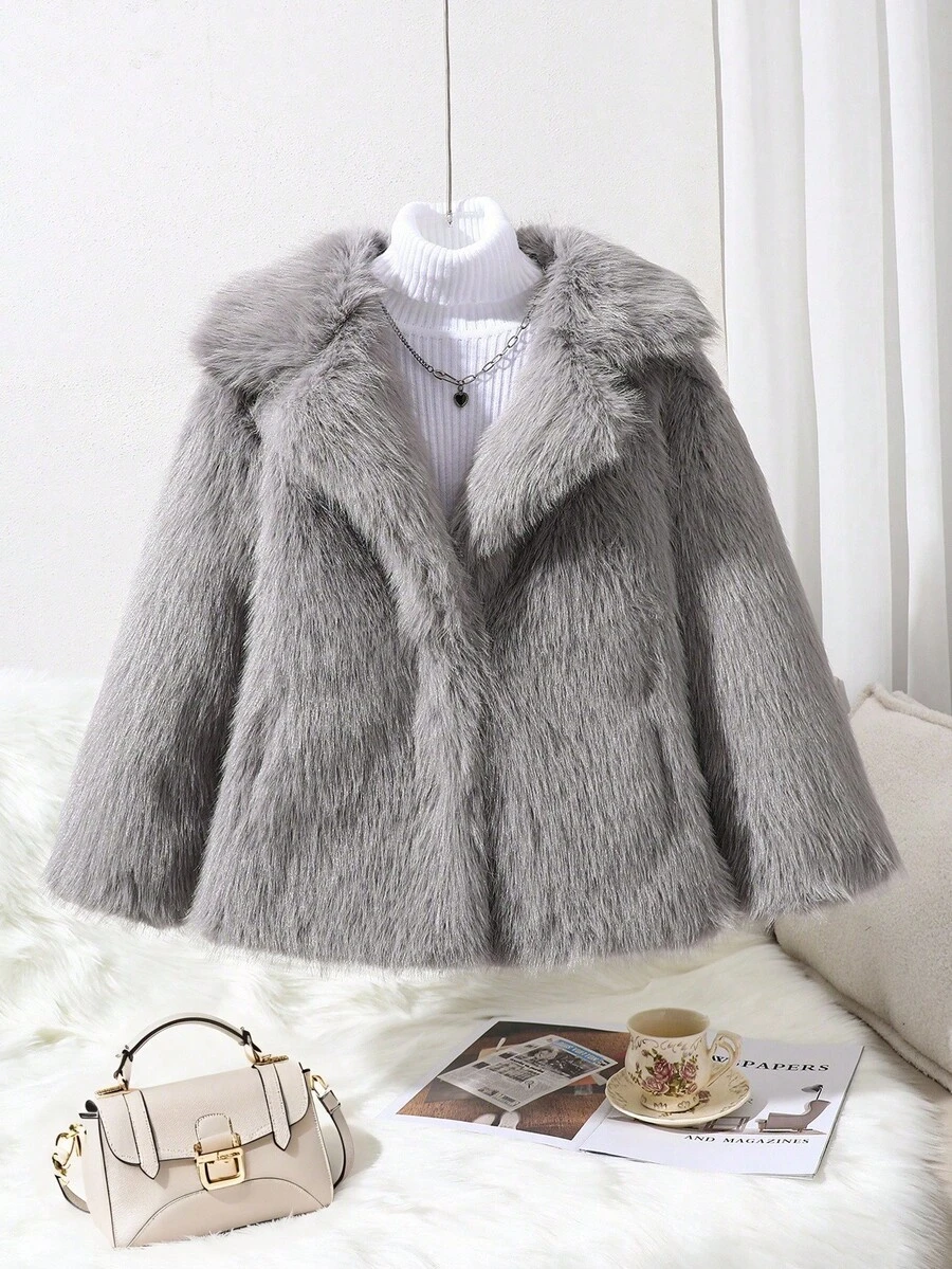 Elladie kids Tween Girl Grey Fuzzy Collar Jacket, Autumn/Winter Fall - Grey - View 1