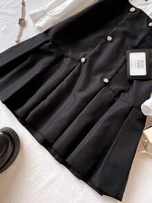 Girls' Cute Black & White Patchwork Dress, Crinkle Hem, Puff Sleeve, Ruffled Collar, Pink Bow Accent, Mesh Ruffle Front - Black - View 5