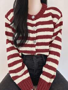 DAZY Soft & Cozy Red Striped Cardigan Sweater For Women, Autumn/Winter Long Sleeve Tops - Red - View 6