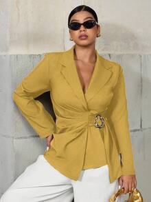 Elenzga Fashionable Casual Waist-Cinched Elegant Commuter Asymmetric Golden Button Blazer