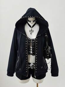 Sunspun Plus Size Fashionable Dark Punk Style Rivet Decor Hooded Long Sleeve Sweatshirt Jacket - Navy Blue - View 6