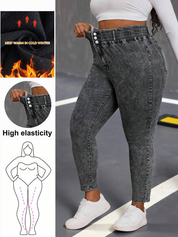 Slaydiva Jeans ajustados de cintura alta y elástica para mujer talla grande, diseño de cintura elástica, pantalones vaqueros de ajuste ceñido y lavado