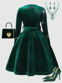 Vestido de manga larga con parches de terciopelo y strass para mujer - Verde Oscuro - Ver 2