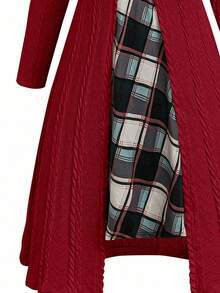 Plus Size Plaid Print 2 In 1 Fitted Long Sleeve Dress - Red - View 5
