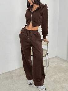SHEIN PETITE 女士休闲日常通勤运动简约纯色拉链抽绳连帽短款运动衫和宽松阔腿运动裤套装 - 棕色 - 查看 5