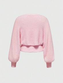 ROMWE Kawaii 2pcs/Set Autumn/Winter Versatile White Aesthetic Sweet Girl Tube Top & Lantern Sleeve Sweater - Pink - View 2