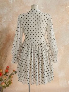 Dreamara Plus Size Women's White Polka Dot Mesh Print V-Neck Flare Sleeve A-Line Dress, Suitable For Autumn/Winter - Black and White - View 2
