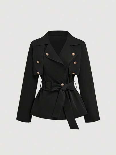 SHEIN MOD 女式卡其色短款休闲宽松夹克（配腰带）、秋季外套、秋季大衣、秋装、邮轮女装、返校装